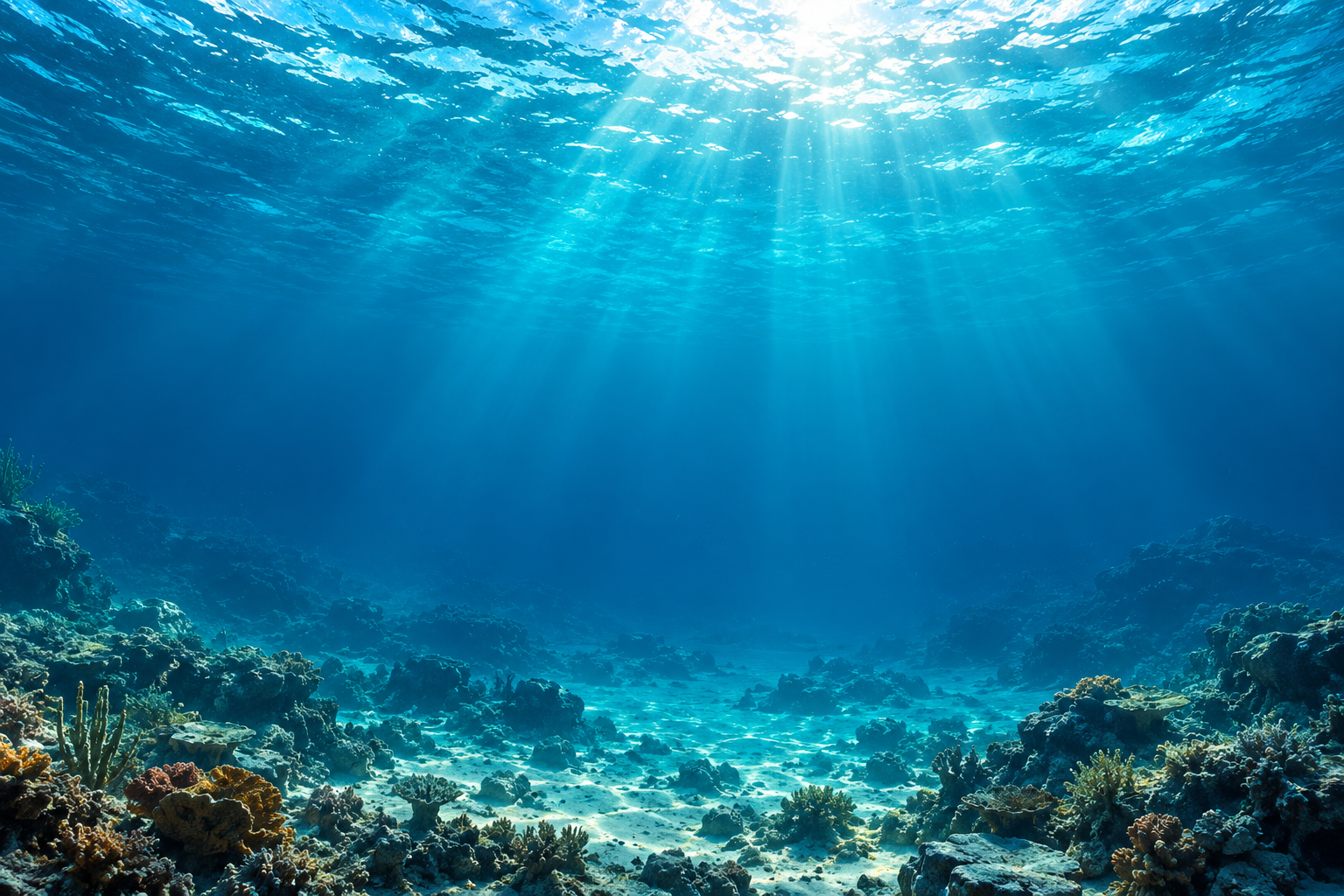 Sunlight passing through clear ocean water above a coral reef
