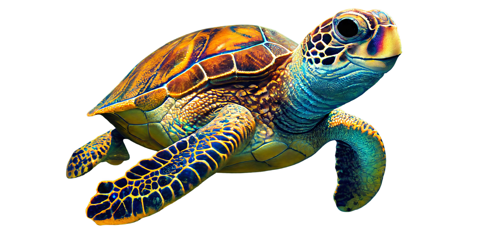 RevoWaste turtle glowing green in clear ocean water